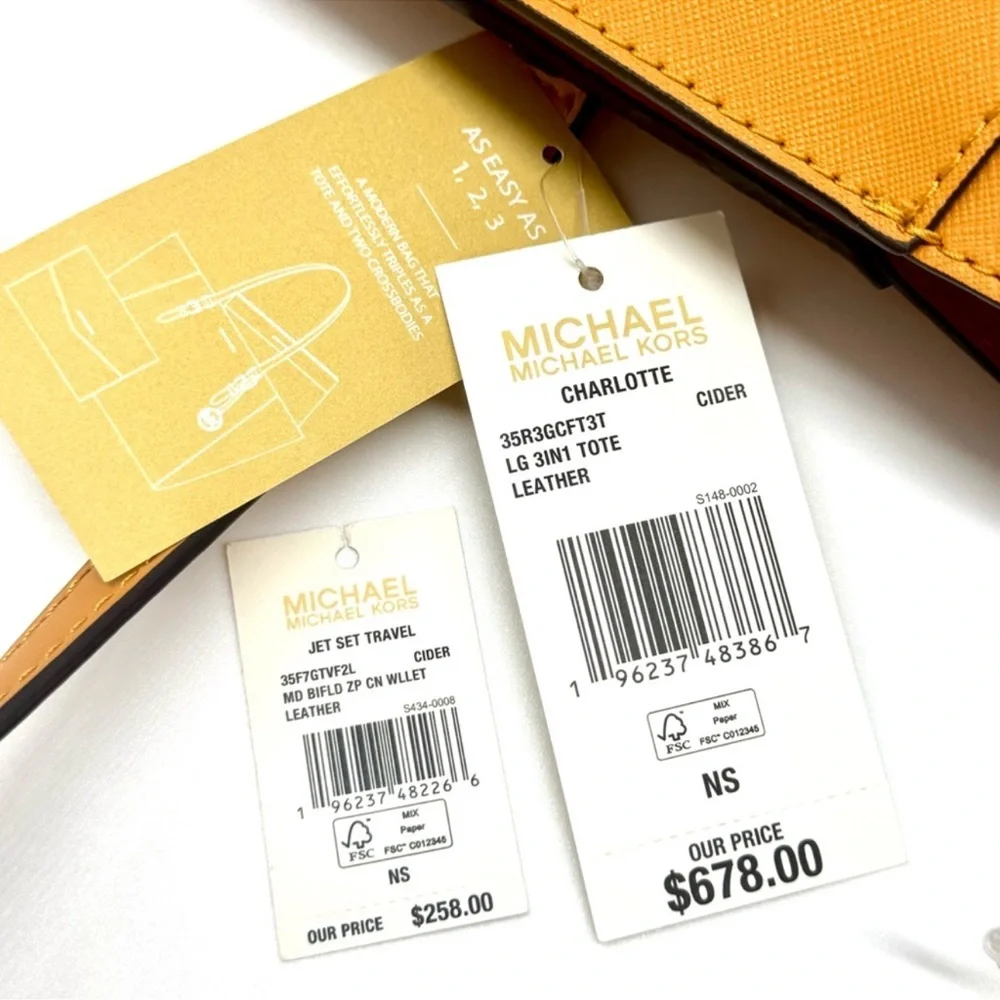 Michael Kors Charlotte LG Tote Bag 3 IN 1 Leather Tote Bag & Bifold Wallet Cider